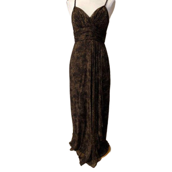 Teri Jon SIlk Maxi Dress 4 Small Black Brown Strappy Flowy Ruffle Y2K - Picture 1 of 13